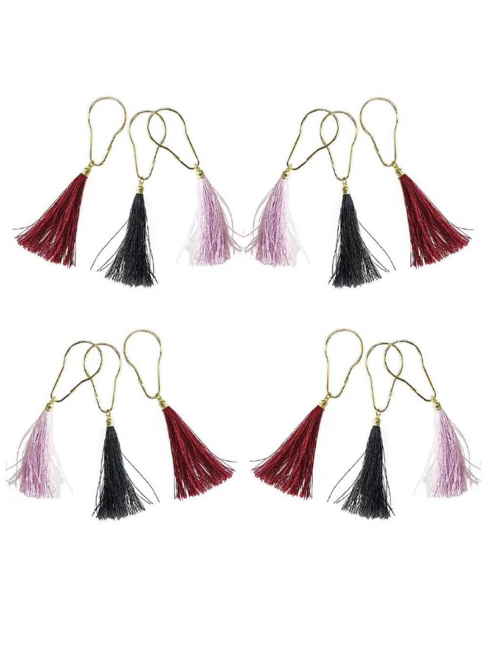 12-pc Wild Sage ERIKA Tassels Goldtone Shower Curtain Hooks in Pink Navy Wine